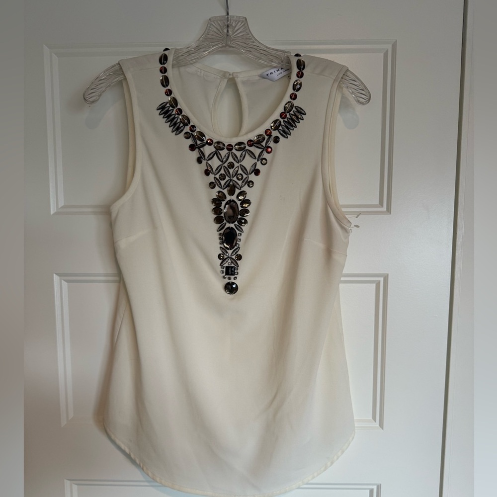 Trina Turk Cream Sleeveless Blouse with Jewel Embellishments